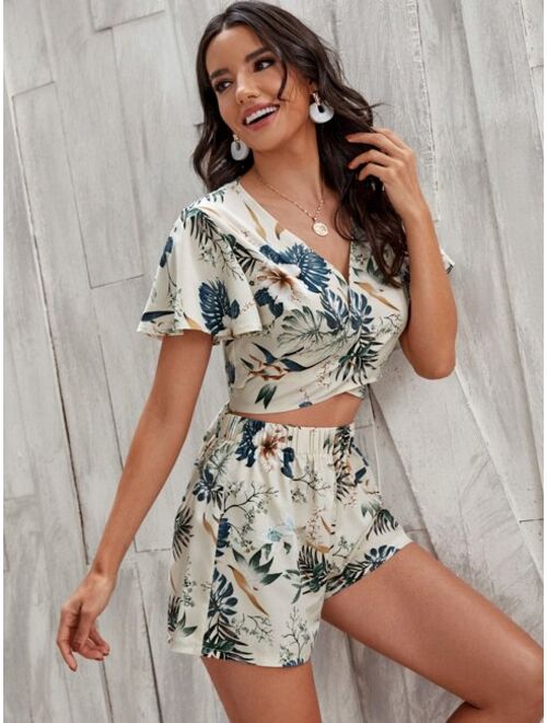 Shein Floral And Tropical Print Crop Wrap Top With Shorts