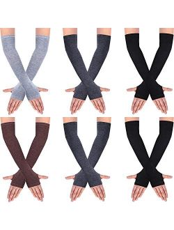 6 Pairs Women Long Fingerless Gloves Knit Arm Warmer Thumb Hole Stretchy Gloves