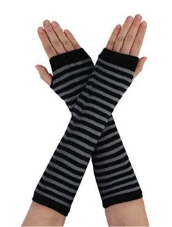 Women Winter Stripes Heart Print Fingerless Thumbhole Elastic Long Knitted Gloves