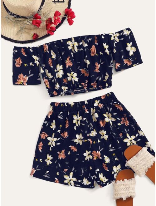 Shein Floral Off-the-Shoulder Crop Top & Shorts Set
