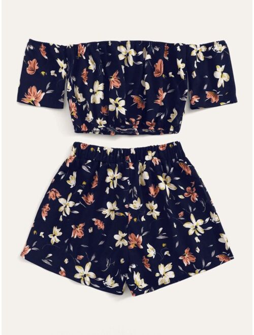 Shein Floral Off-the-Shoulder Crop Top & Shorts Set