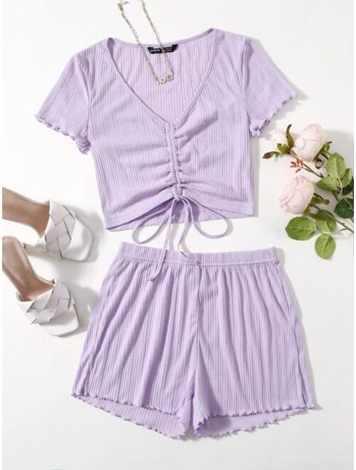 SHEIN Ruched Knot Lettuce Trim Crop Tee & Shorts Set