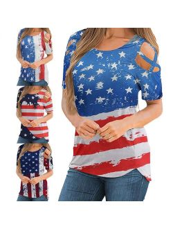 AKwell Womens Merica USA Banner Print Casual Short Sleeve Love Striped Top Independence Day Fashion Loose T-Shirt 