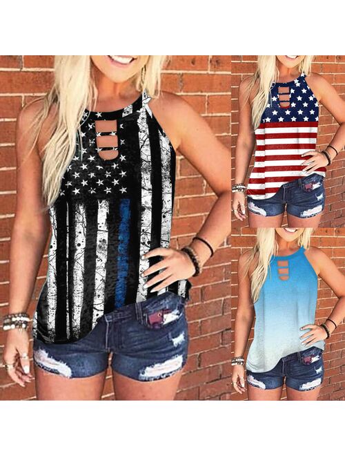 YOUYEDIAN Independence Day Women's Fashion Top Sleeveless Lightweight Vest Patriotic Stripes Star American Flag Print Tank Top