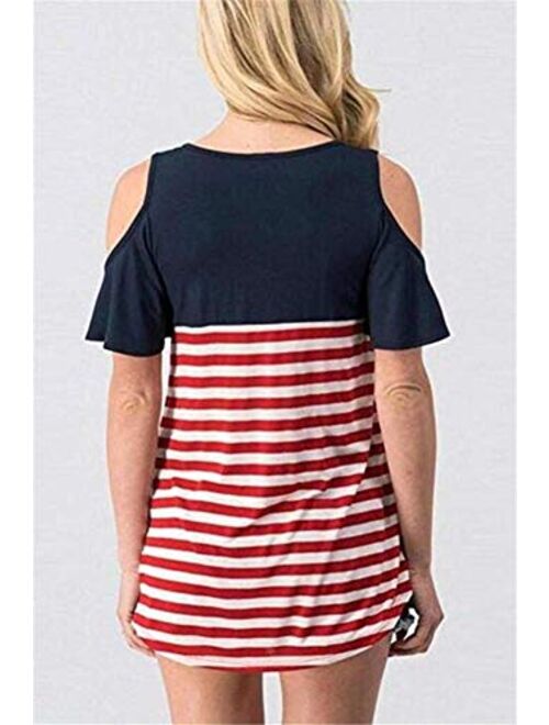 FLOYU American Flag T-Shirt for Women Tunic Tops Blouse Cold Shoulder Patriotic Summer Shirt with Pocket