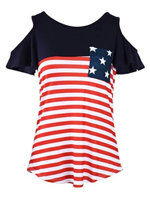 FLOYU American Flag T-Shirt for Women Tunic Tops Blouse Cold Shoulder Patriotic Summer Shirt with Pocket