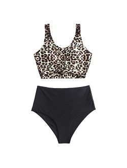 Women's Scoop Neck Tropical Leaf Knotted Two Pieces Tankini Set Swimsuit