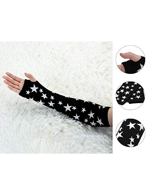 Allegra K Women Winter Acrylic Rainbow Stripe Fingerless Thumbhole Elbow Length Long Knitted Gloves