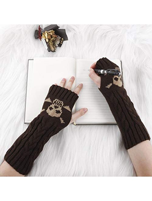 Urieo Winter Arms Warmers Acrylic Skull Knit Warm Thumb Hole Gloves Mittens for Women