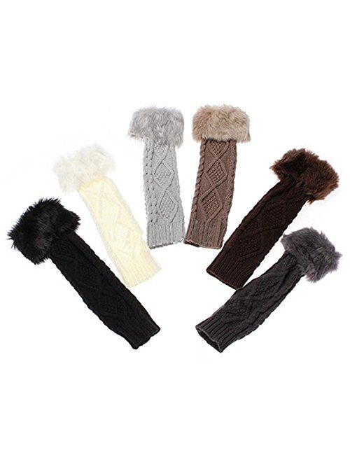 Women's Winter Stretch Faux Fur Knit Wool Arm Warmers Long Fingerless Gloves