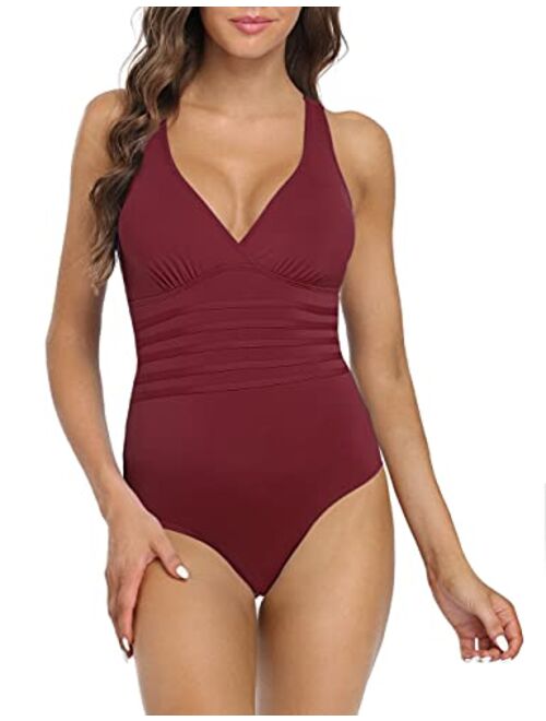 Hilor Women's One Piece Swimsuit Tummy Control Bathing Suits V Neck Swimwear Criss Cross Back Burgundy 10