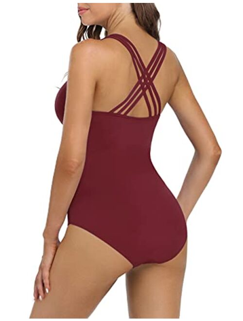 Hilor Women's One Piece Swimsuit Tummy Control Bathing Suits V Neck Swimwear Criss Cross Back Burgundy 10