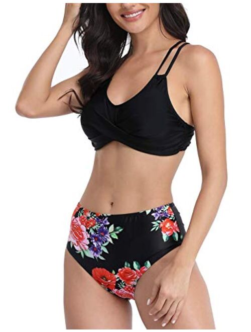 Hilor Women's Bathing Suits High Waisted Bikini Set Criss Cross Swimwear Two Piece Swimsuits