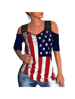 4th of July Bleached Shirts Women American Flag Tops Cold Shoulder Patriotic USA Blouse Tee