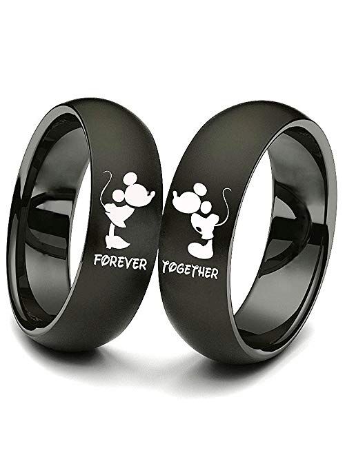 XAHH His and Hers Matching Set Couple Titanium Steel Rings Mickey Mouse Kiss Forever Together Promise Wedding Band Black【Please Buy Two Rings for one Pair】
