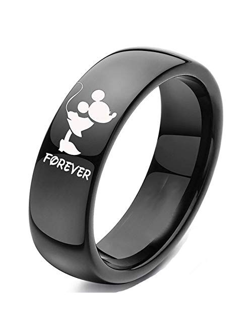 XAHH His and Hers Matching Set Couple Titanium Steel Rings Mickey Mouse Kiss Forever Together Promise Wedding Band Black【Please Buy Two Rings for one Pair】