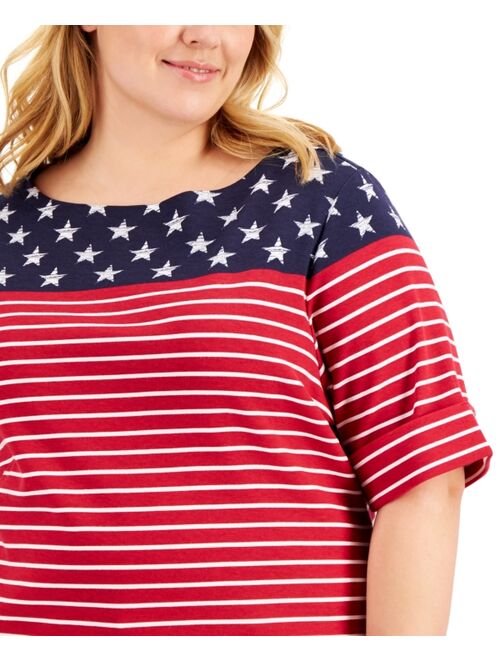 Karen Scott Plus Size Flag Cuff-Sleeve Top, Created for Macy's