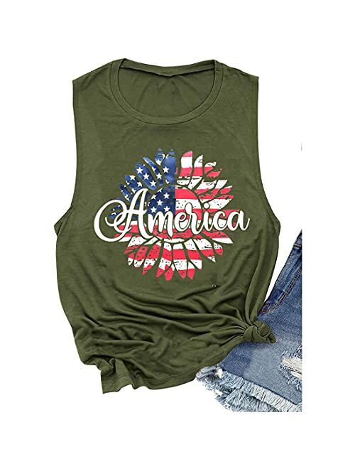 American Flag Shirts Tank Tops Women Summer Sunflower Graphic Patriotic Tshirt 4th of July Tee Tops USA Flag Shirt