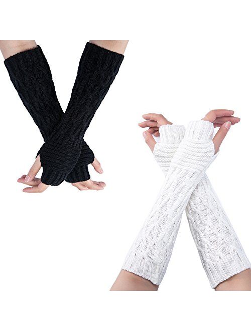 Flyou 2Pairs Womens Length Arm Warmer Gloves Fingerless Knit Gloves Mitten