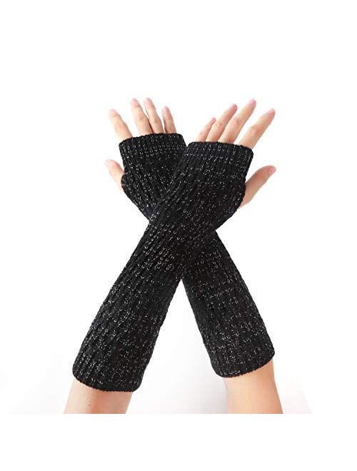Women Knit Long Gloves Arm Warmer Fingerless Sleeves Thumb Hole Sparkly Mitten