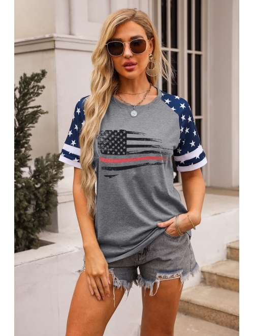 BANGELY American Flag T Shirt Women Stars Stripes 4th of July Shirt Raglan Short Sleeve Graphic Patriotic Top Tees