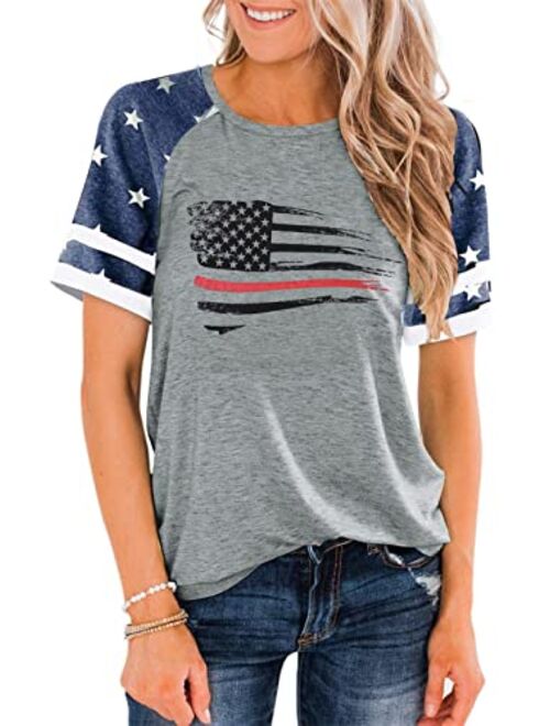 BANGELY American Flag T Shirt Women Stars Stripes 4th of July Shirt Raglan Short Sleeve Graphic Patriotic Top Tees