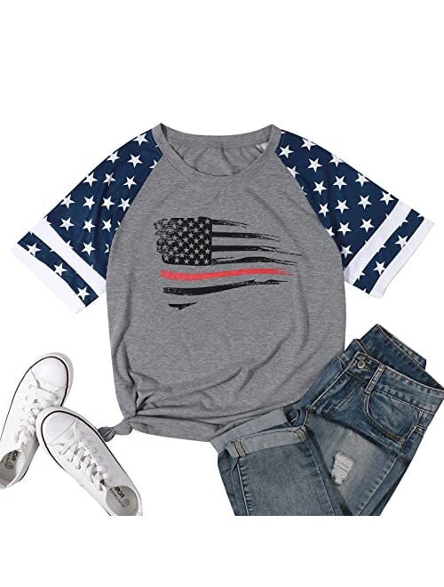 BANGELY American Flag T Shirt Women Stars Stripes 4th of July Shirt Raglan Short Sleeve Graphic Patriotic Top Tees