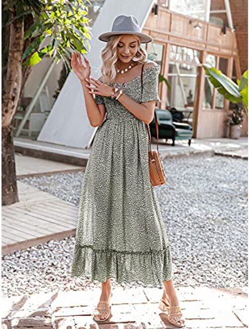 Miessial Women's Polka Dot Off Shoulder Long Dress Cute Summer Split Maxi Dress