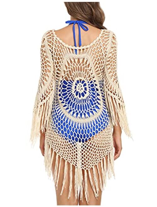 Hilor Women's Swimsuit Cover Ups Crochet Hollow Out Tassel Swimwear Beach Dress