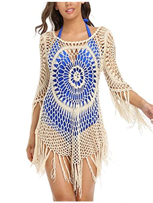 Hilor Women's Swimsuit Cover Ups Crochet Hollow Out Tassel Swimwear Beach Dress