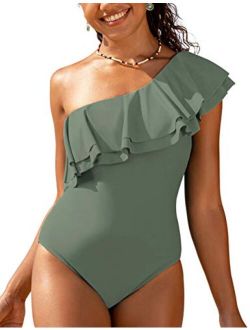 Women's One Shoulder Swimwear Asymmetric One Piece Swimsuits Ruffled Bathing Suits