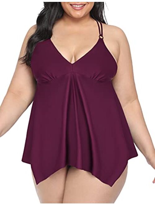 Hilor Women's V Neck Swim Tops Flowy Handkerchief Swimsuits Bathing Suits Tankini Tops