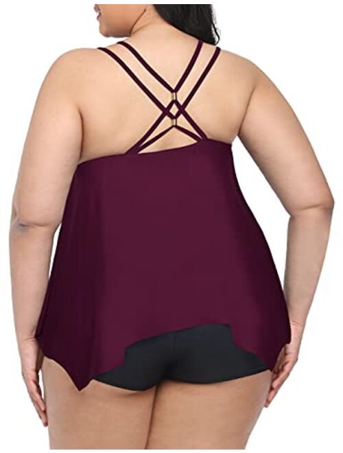 Hilor Women's V Neck Swim Tops Flowy Handkerchief Swimsuits Bathing Suits Tankini Tops