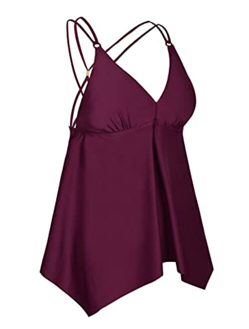 Hilor Women's V Neck Swim Tops Flowy Handkerchief Swimsuits Bathing Suits Tankini Tops
