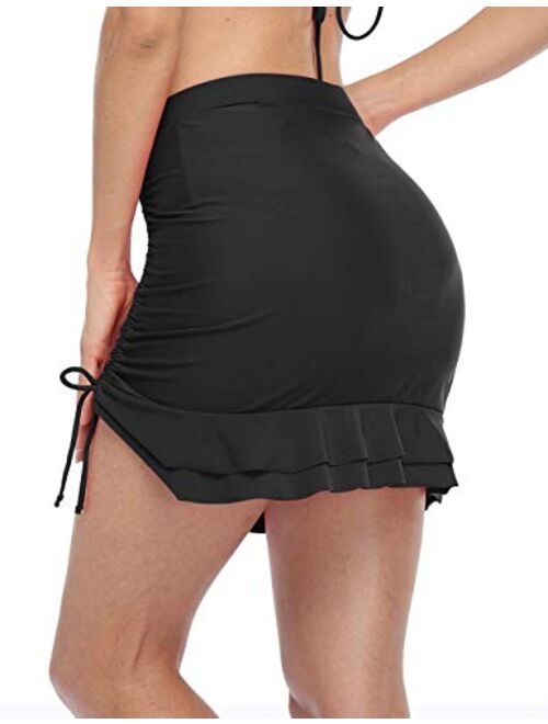 Hilor Women's High Waisted Bikini Bottom Ruffled Swim Skirts Side Pull Tie Swimsuit Bottom