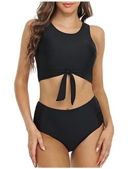 Women's High Waised Bikini Two Piece Swimsuits High Neck Bathing Suits Knotted Front Tankini Sets