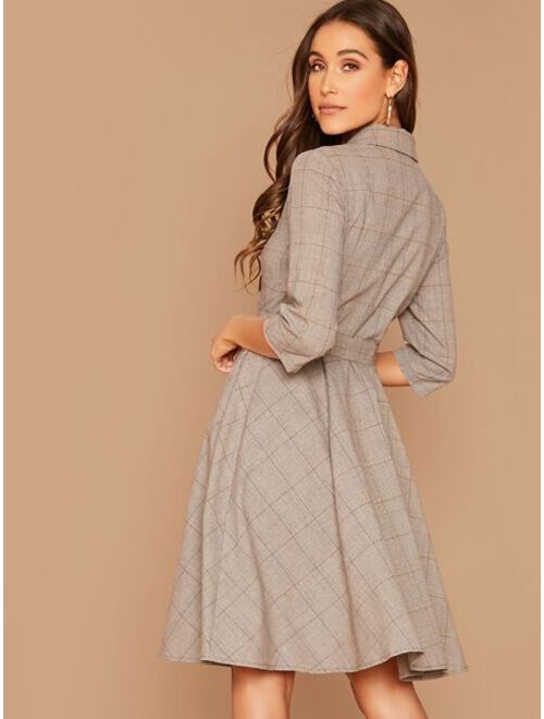 SHEIN Notched Collar Double Breasted Plaid Dress With Belt