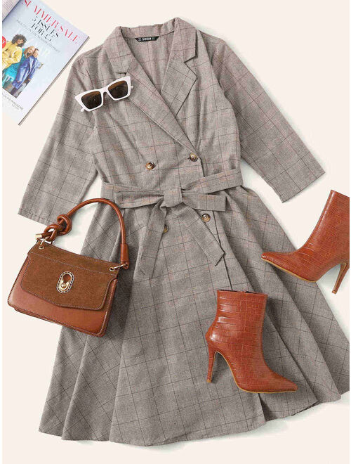 SHEIN Notched Collar Double Breasted Plaid Dress With Belt