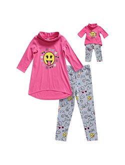 Dollie & Me Girls Cowl Neck Emoji Legging Set and Matching Doll Outfit Dress