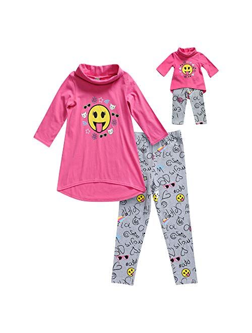 Dollie & Me Girls' Cowl Neck Emoji Legging Set and Matching Doll Outfit