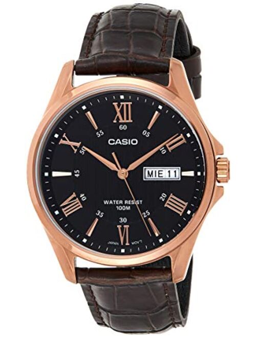 Casio #MTP1384L-1AV Men's Rose Tone Leather Band Day Date Roman Black Dial Watch