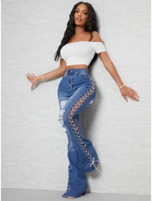 SHEIN SXY Lace Up Ripped Flare Leg Jeans
