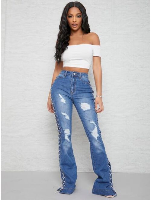 SHEIN SXY Lace Up Ripped Flare Leg Jeans
