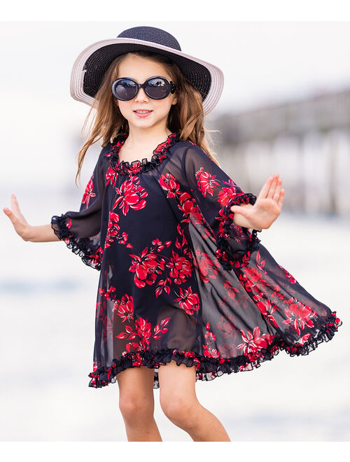 Mia Belle Girls Black & Red Sheer Floral Ruffle-Trim Caftan Cover-Up - Toddler & Girls