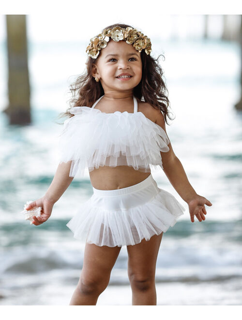 Mia Belle Girls White Mesh Ruffle Skirted Bikini - Toddler & Girls