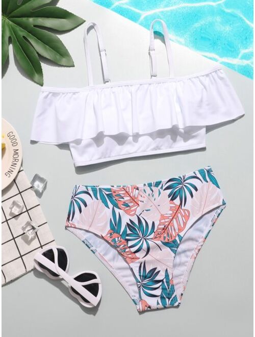 Shein Girls Tropical Ruffle Hem Bikini Swimsuit
