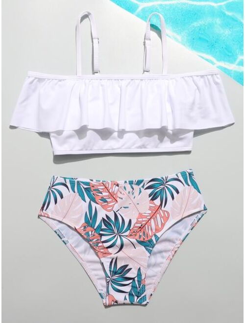 Shein Girls Tropical Ruffle Hem Bikini Swimsuit