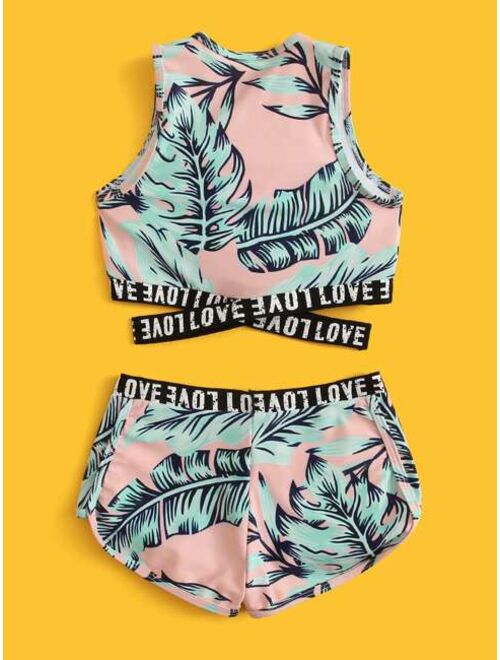 Shein Girls Tropical Letter Tape Shorts Bikini Swimsuit
