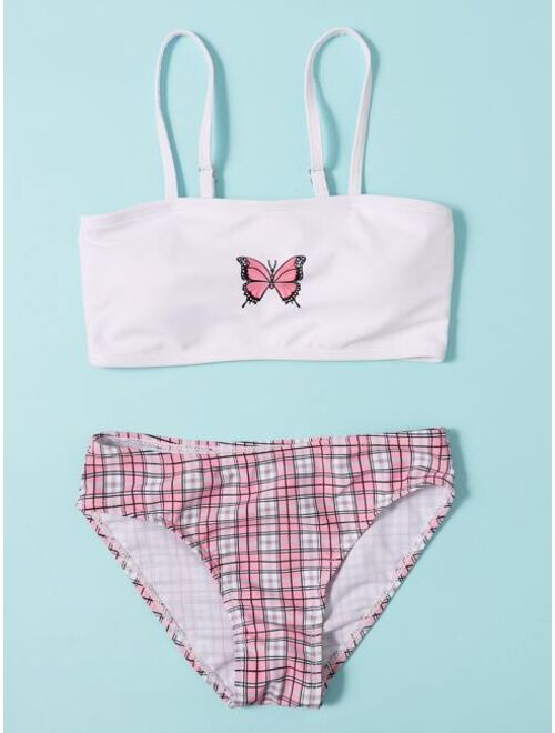 Shein Girls Plaid & Butterfly Print Bikini Swimsuit