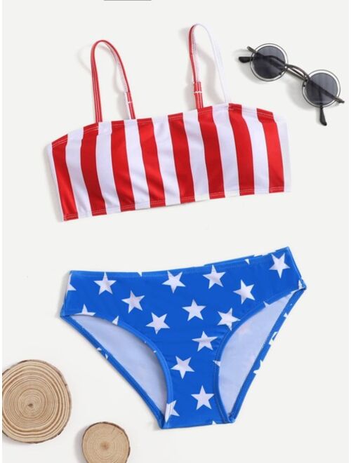 Shein Girls Star and Stripes Print Bikini Swimsuit